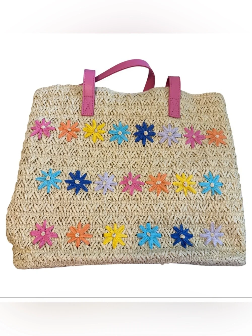 Cat & Jack Floral Straw Tote Beach Bag Pink Handle NWT
